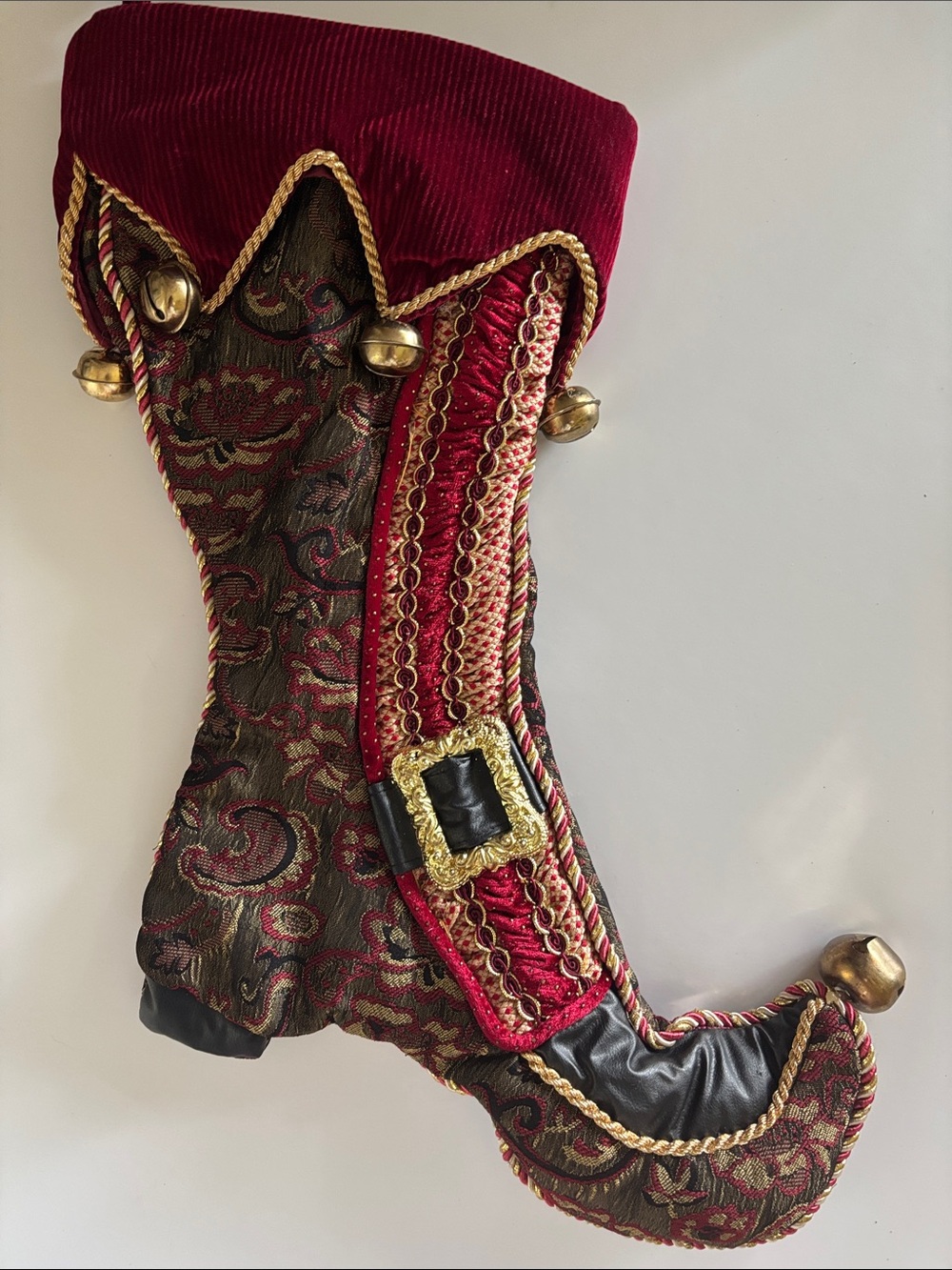 Victorian Red Brocade Elf Stocking with Gold Bells